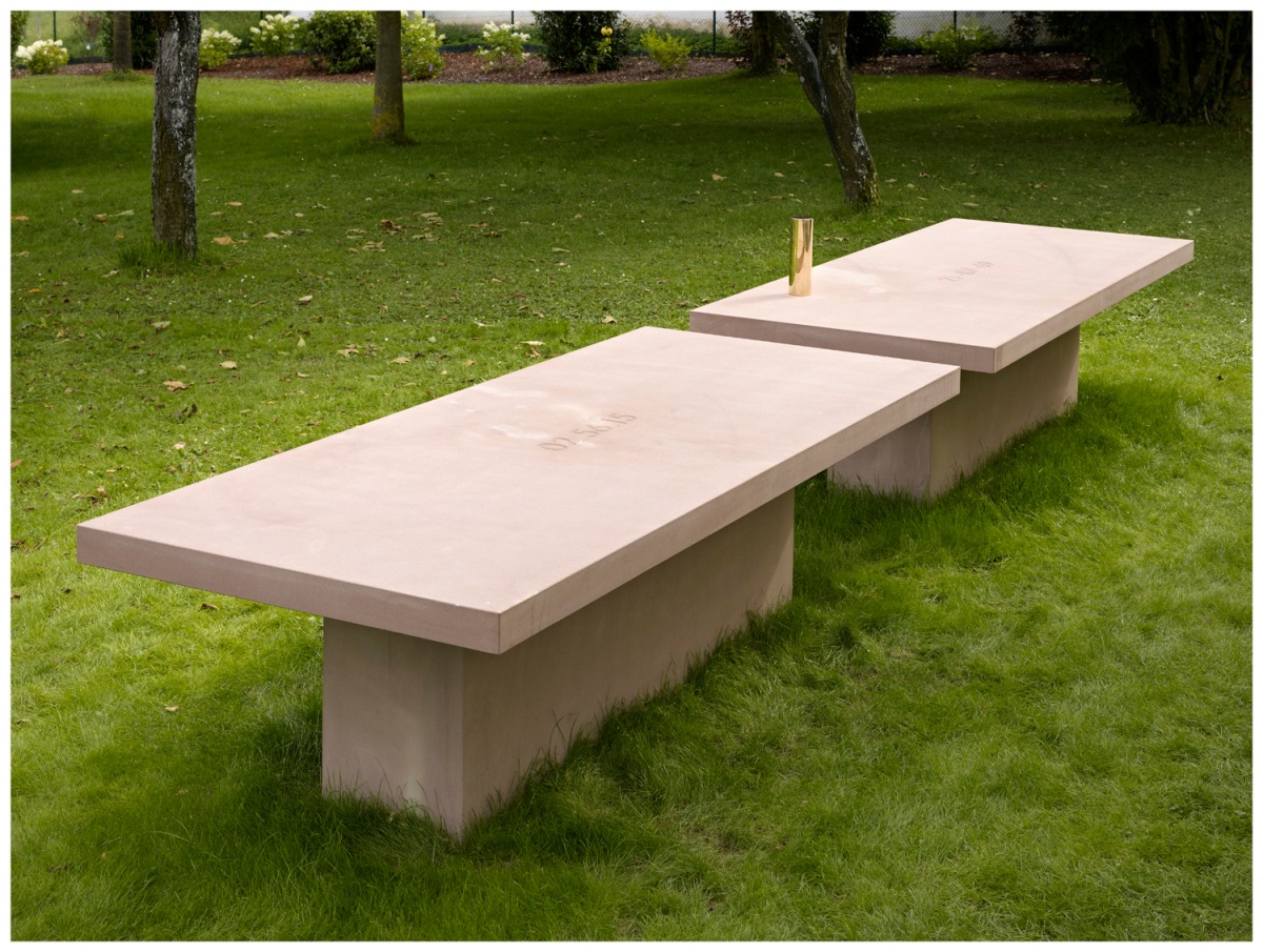 Darren Almond, Contact, 2012, two sandstone tables, bronze element, overall: 75 x 530 x 110 cm.; 29 1/2 x 208 5/8 x 43 1/4 in., each table top: 8 x 250 x 110 cm.;, 3 1/8 x 98 3/8 x 43 1/4 in., each table base: 67 x 170 x 40 cm.; 26 3/8 x 66 7/8 x 15 3/4 in., bronze element: Ø 8 cm; Ø 3 1/8 in.